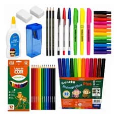 Kit Material Escolar Completo Infantil Volta às Aulas Lápis de Cor Canetinhas Cola Marca Texto Apontador Borracha Caneta