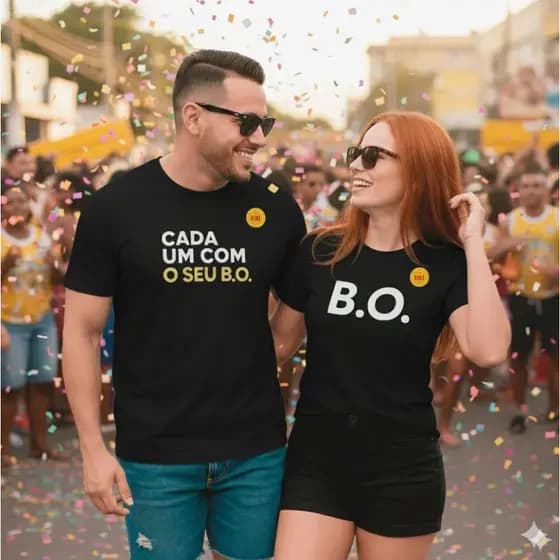 Conjunto Casal Camiseta T-Shirt Bloquinho Fantasia Unissex "Cada Um Com Seu B.O"