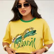Cropped Feminino Brasil Copa 2026 Algodão Streetwear Estampa Onça