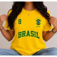 Camiseta Menina Amarela Copa do Mundo Brasil 2026 Azul 100% Algodão Casal