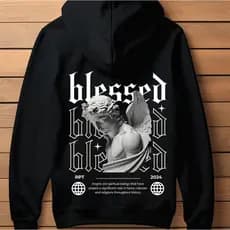 Blusa Moletom com Capuz Preto Frio Respect Blessed Angel Canguru