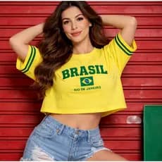Cropped Oversized Brasil Copa 2026 Inspiração Virginia Amarelo Copa do Mundo Blusinha Feminina