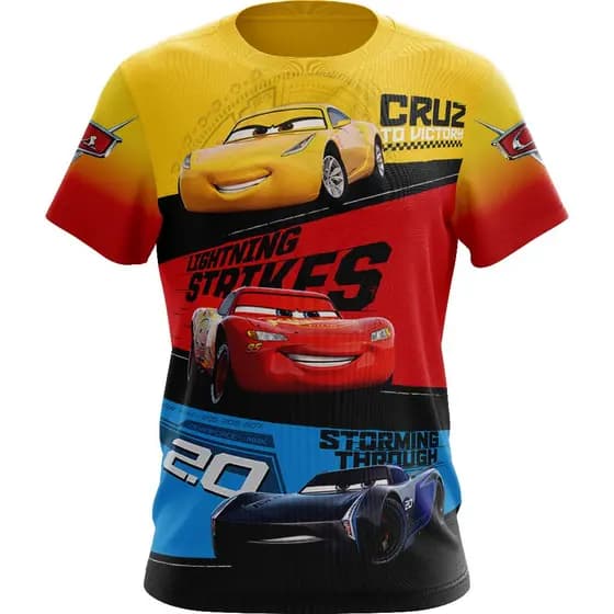 Camisa Manga Curta Carros Adulto e Infantil Estampada Frente e Verso