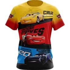 Camisa Manga Curta Carros Adulto e Infantil Estampada Frente e Verso