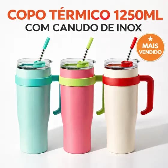 Copo Térmico Inox 1250ml com Tampa e Canudo Inox | Design Moderno Garrafa Isolamento Témico Mantém Gelado Quente