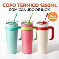 Copo Térmico Inox 1250ml com Tampa e Canudo Inox | Design Moderno Garrafa Isolamento Témico Mantém Gelado Quente
