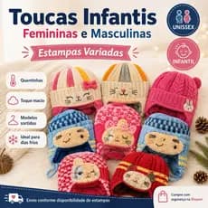 Touca Infantil de Inverno Menino e Menina Forrada Estampas Variadas Quentinha com Orelhinha