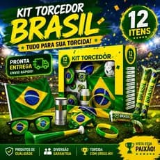 Kit Torcedor Brasil Copa 2026 12 Itens Completo Festa Jogo Bandeira Trompete Torcida Copa do Mundo Brasileiro