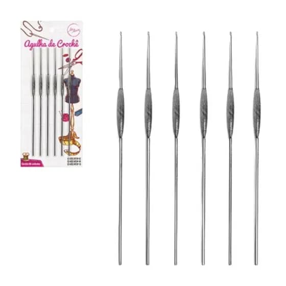 Kit 06 Agulhas Niqueladas Metal Crochê Nº01 Nº02 Nº06 ART HOUSE