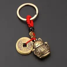 Puro Artesanal De Bronze Antigo Moeda Chinesa Carro Chaveiro Gato Sorte Cinco Imperadores Dinheiro Feng Shui Moedas Sóli