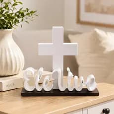 Placa Decorativa Cristã Ele Vive em Impressão 3D | Decoração Religiosa com Cruz para Mesa, Estante e Altar