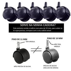 Kit 5 Rodinhas Rodízios P/ Mocho Carrinho Auxiliar Pino 10mm