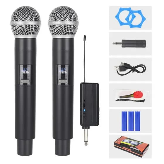 Microfone Duplo Sem Fio 2 Canais Microfones De Mão Profissional UHF Para Escola De Karaoke
