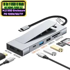 8 Em 1 Hub USB C Tipo-4K HDMI USB3.2 PD 100W Docking Station Com M . 2 NVME SATA SSD Gabinete Slot Para Cartão SD TF