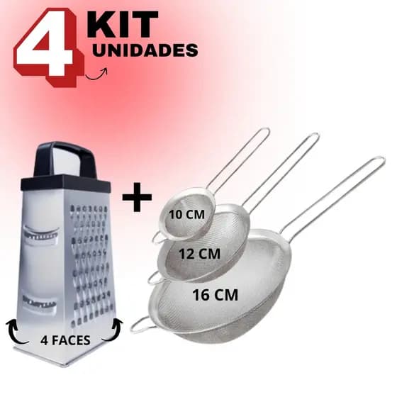 Kit Ralador e Peneiras Inox Coador Fatiador 4 Faces Alimentos Cozinha Utensilios