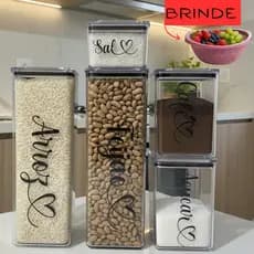 Kit 5 Potes Herméticos Quadrados Com Adesivos Feijão Arroz Açucar Café Sal Organização Cozinha + Escorredor Brinde