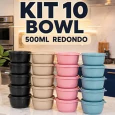 Kit Potes 10 Bowl 500ml Plásticos com Tampa – Cumbuca Redondo BPA Free Para Cozinha Alimentos