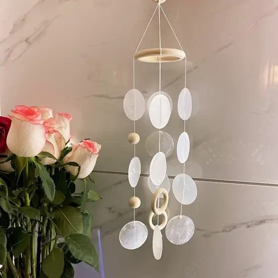 1 peça de Sino de Vento com Conchas e Contas de Madeira, Decoração Suspensa Inspirada no Mar com Estrela-do-mar e Lua, A