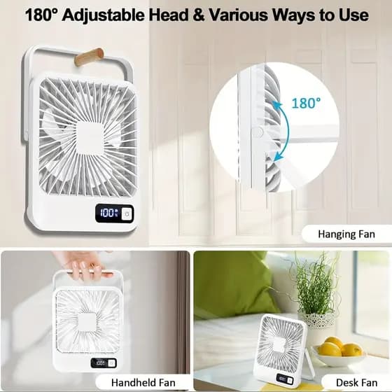 Mini Ventilador de Mesa com Carregamento USB, Ventilador Portátil em Forma Quadrada, 1200mAh Recarregável, 5 Velocidades
