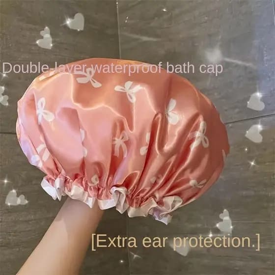 1 unidade de Touca de Banho Rosa Floral de Dupla Camada, Impermeável e Elástica, Protetor de Cabelo em Poliéster com Des