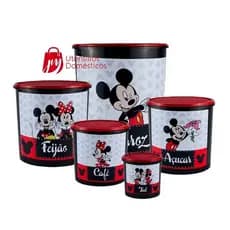 Kit Conjunto Porta Mantimento 5 peças decorado Lançamento tampas rosa e vermelha.