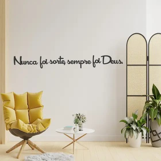 Frase "Nunca foi sorte sempre foi Deus" em Madeira MDF Preto Quadro Decorativo Religioso