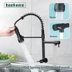 Torneira Parede Mola Inox 304 Preta 2 Modos Saída Água Fria Spray Jato Cozinha - Baokemo