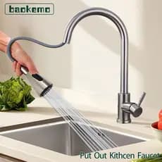 Baokemo Torneira p/ Pia Gourmet Monocomando - Extensor Retrátil Aço Inox 304 Escovado Água Quente/Fria