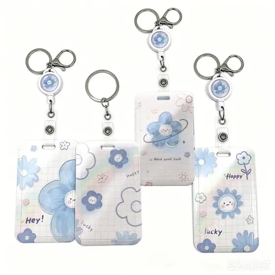 Chaveiro Retrátil Do Titular Cartão De Identificação Carretel Crachá Da Flor Azul , Caso Sorte Em Relevo Para O Ônibus E