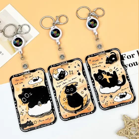 Chaveiro De Porta-Cartão De Identificação De Carretel De Crachá Retrátil De Gato Preto Bonito De Desenho Animado Em Rele