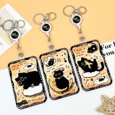 Chaveiro De Porta-Cartão De Identificação De Carretel De Crachá Retrátil De Gato Preto Bonito De Desenho Animado Em Rele