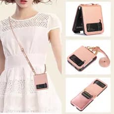Capa De Couro Com Cordão Para Colar De Corpo Cruzado Samsung Galaxy Z Flip 8 7 6 4 3 5 2 Compartimentos Cartão Traseira