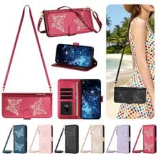Borboleta Brilhante Zíper Caso Carteira De Couro Para Samsung Galaxy A57 A37 A17 A56 A36 A16 A55 A35 A15 Magnético Dobrá