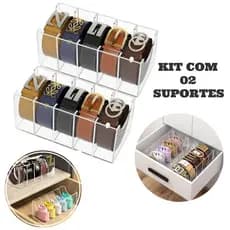 Kit 2 Organizador de Cintos em Acrílico Transparente 5 Compartimentos Expositor Closet Guarda Roupa
