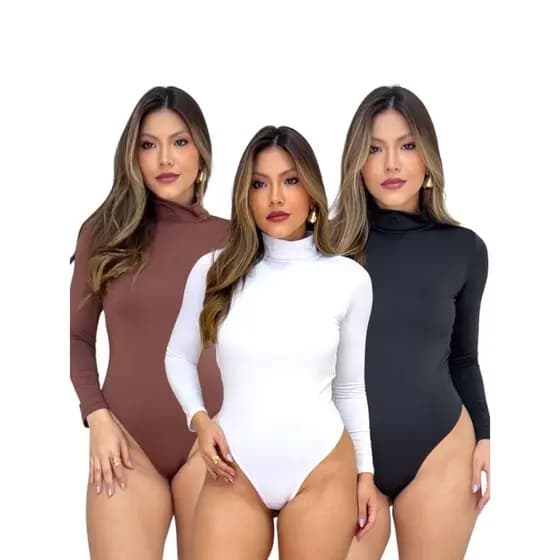 Kit 3 Body Feminino Gola Alta Manga Cumprida Segunda Pele Gola Cacharrel Suplex Zero Transparecia Confortável E Elegante