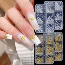 6Gird/Caixa 3D Metal Stars Rivet Manicure-Decalques Para Unhas-Ornamento Joias Brilhantes-Decoração DIY Nail Art-Luxo ,