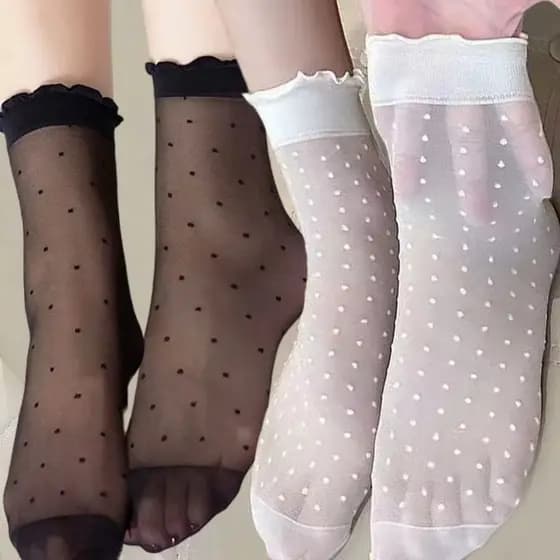 3-2 Pares De Meias De Renda Com Babados De Seda Gelada – Harajuku Stretch Ankle Lolita Respiráveis Doces De Cano Médio M