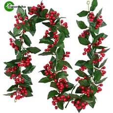 2m Vinha Artificial De Folha De Holly Leaf E Bagas Vermelhas Fake Creeper Green Ivy Vine Christmas Rattan DIY Garland Wreath New Year Hanging Ornaments Decoração De Casa