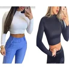 2 Cropped Feminino Gola Alta Manga Longa  Super Elegante Em Suplex