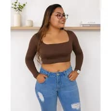 Cropped Decote Quadradinho com Forro  Manga Longa Em Suplex