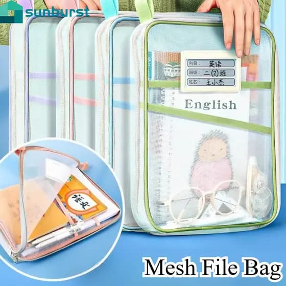 Bolsa De Arquivo De Malha De Nylon De Grande Abertura-Armazenamento De Documentos Papelaria A4 Com Zíper Transparente Tr
