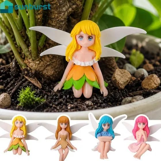 [Casa] 4-1 Unidade Linda Escultura De Fada De Flor-Estatuetas De Boneca Elfo Desenho Animado Em Miniatura-Decoração De B