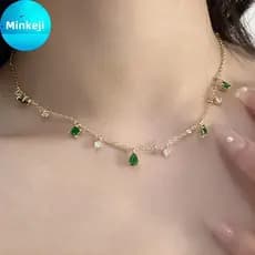Milleji Retro Esmeralda Incrustada Strass Nelace Feminino Temperamento Simples Requintado Clavícula Corrente Jóias Prese