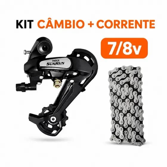 Cambio Traseiro Sunrun 7 / 8 Velocidades 43D Index Cage Longo + Corrente Fina 7/8 V 116 Elos Index Bicicleta