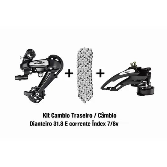 Transmissao Câmbio Dianteiro + Câmbio Traseiro + Corrente Fina 7/8V Index Bicicleta MTB e Urbano Kit completo