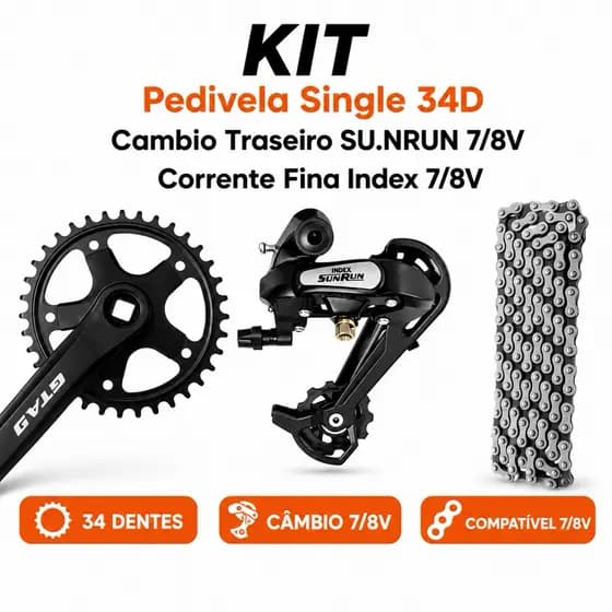 Kit Transmissão 7/8V Pedivela Aço 34D + Câmbio Traseiro 7/8v + Corrente Index 7/8v Bike Bicicleta MTB Aro 26 27.5 29
