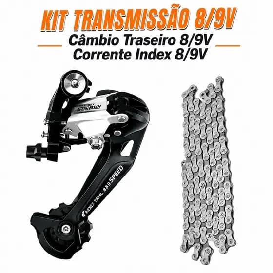 Kit Marcha 27v 18v 9v Câmbio Traseiro Sunrun Cage Longo 43D + Corrente Fina Index 8/9v 24V Padrão Shimano