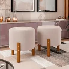 Kit 2 Puff Sala Banquinho Banqueta Suede Luxo Pés Madeira Maciça