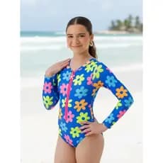 Maiô Infantil UV50+ Manga Longa com Zíper Menina Proteção Solar Moda Praia Piscina