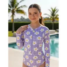 Maiô Infantil Manga Longa com Zíper Proteção UV50+ Solar Praia Piscina Menina